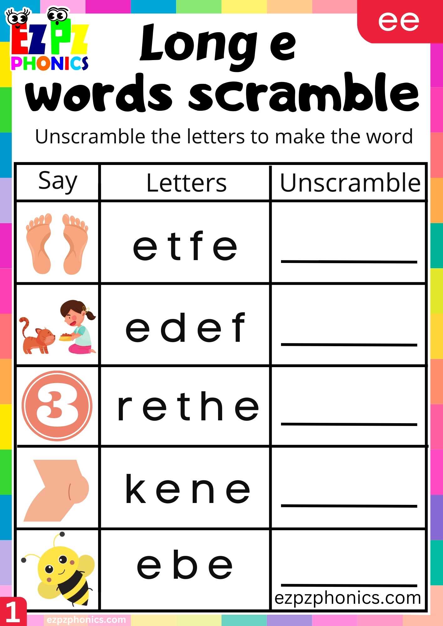 Group1 EE Words Words Scramble Long E Phonics Worksheet